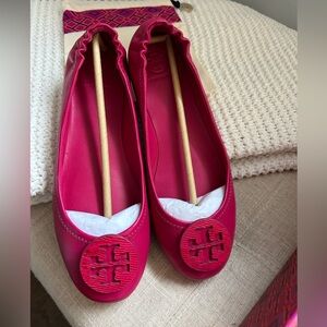 Tory Burch Hot Pink Leather Logo Ballet Flats